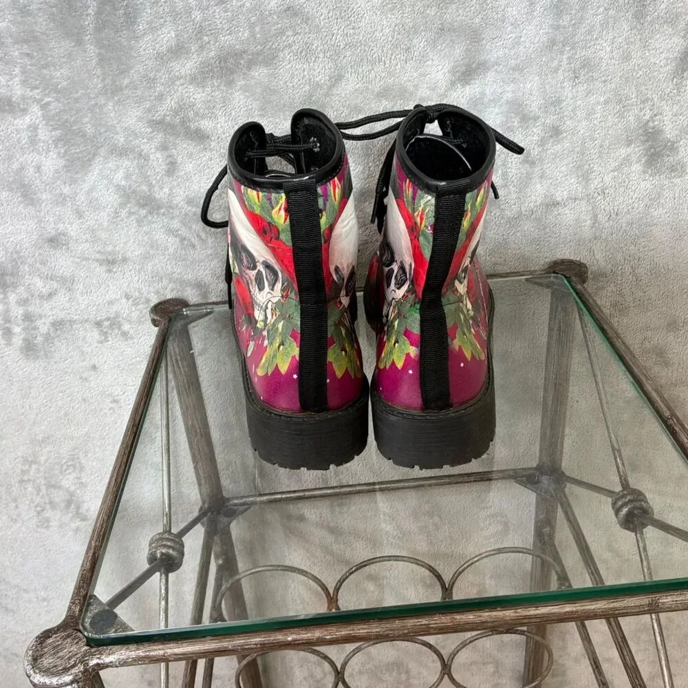 WOMENS Skull Roses Combat Boots  Goth Festival Rave Sz 40 / US 9 pink purple